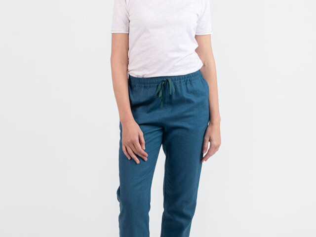 Maison Solfin - Pantalon femme en lin et coton bleu paon – 52