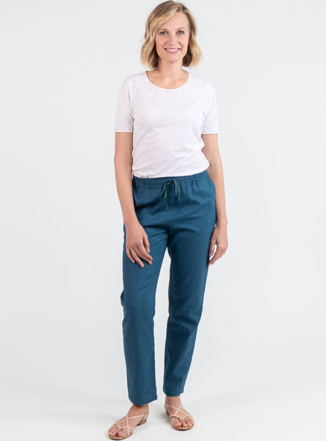 MAISON SOLFIN - Pantalon femme en lin et coton bleu paon