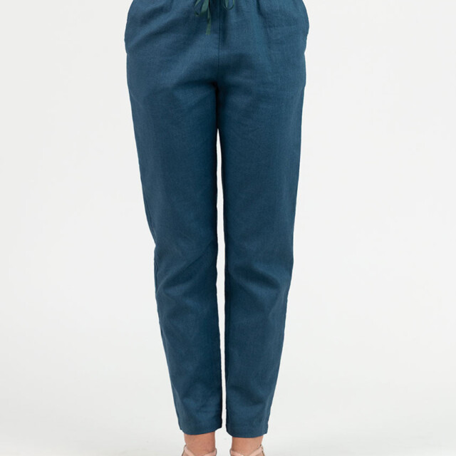 Maison Solfin - Pantalon femme en lin et coton bleu paon – 52