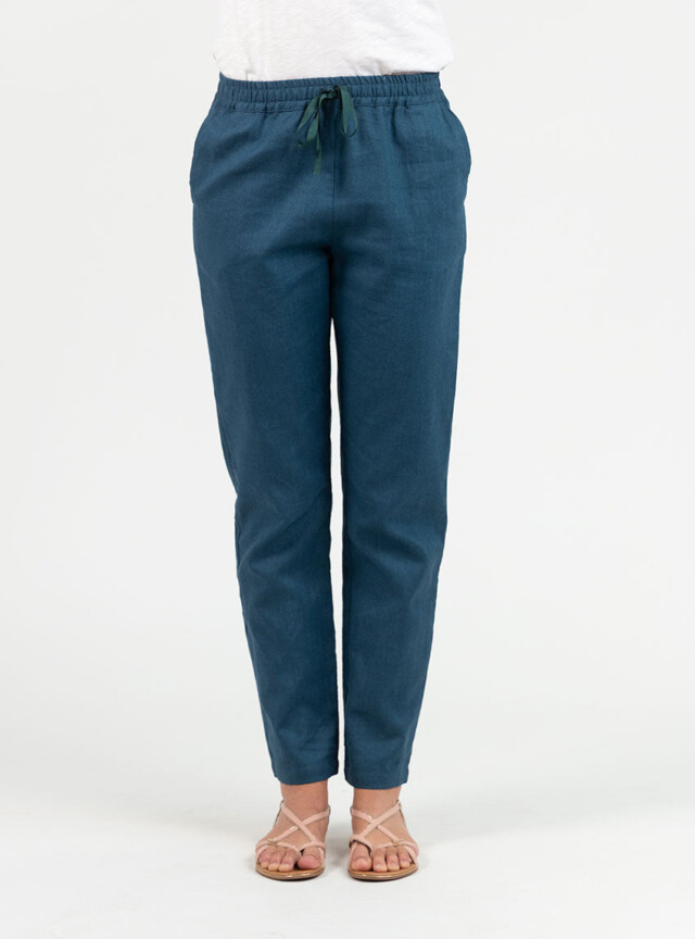 Maison Solfin - Pantalon femme en lin et coton bleu paon – 52