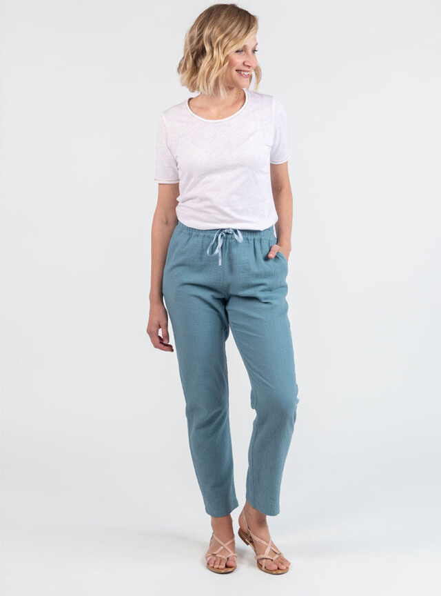 Maison Solfin - Pantalon femme coton gaufré vert littoral – 50