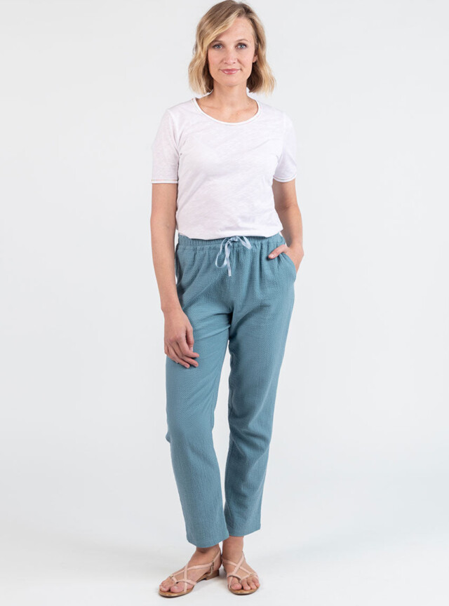 Maison Solfin - Pantalon femme coton gaufré vert littoral – 50