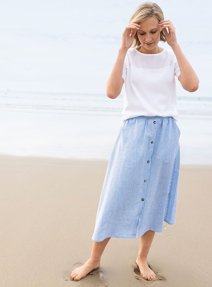 7866 RBL 1 jupe femme lin coton raye bleu Maison Solfin - Jupe femme ample en coton et lin rayé bleu – 5
