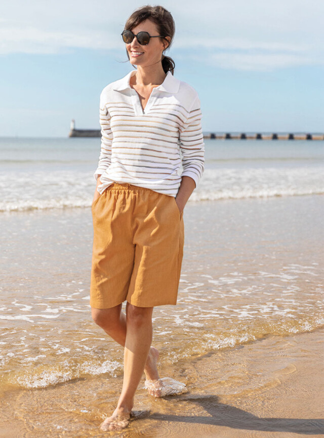 Bermuda femme en lin et coton jaune safran par la marque MAISON SOLFIN MAISON SOLFIN - Bermuda femme en lin et coton jaune safran
