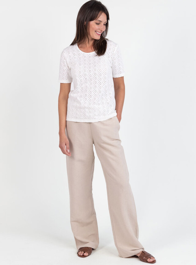 Maison Solfin - Tee-shirt femme en maille ajourée coton blanc crème – 5