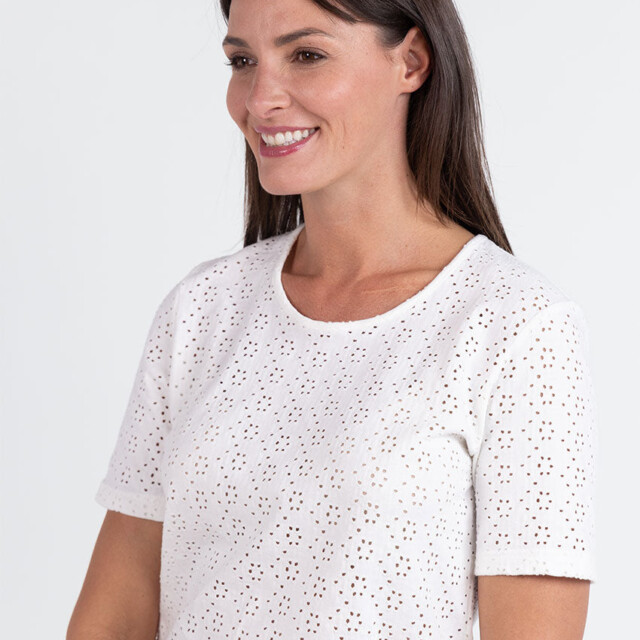 Maison Solfin - Tee-shirt femme en maille ajourée coton blanc crème – 5