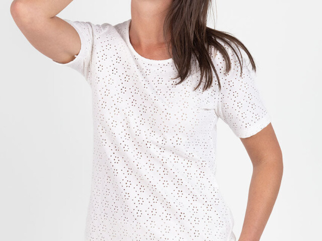 7876 CRM 7 tee shirt femme coton blanc creme Maison Solfin - Tee-shirt femme en maille ajourée coton blanc crème – 5