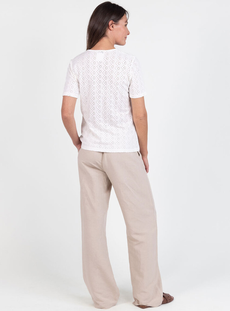 Maison Solfin - Tee-shirt femme en maille ajourée coton blanc crème – 5