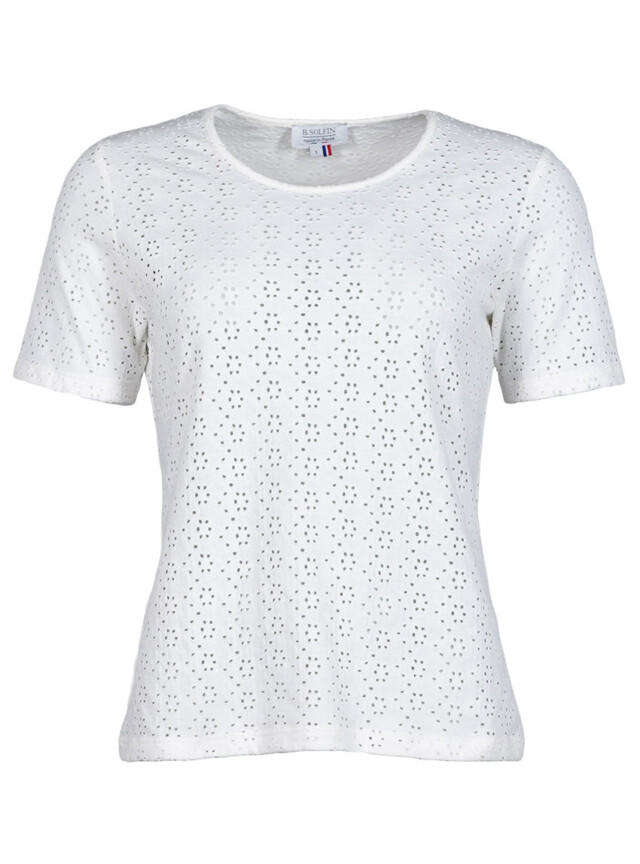 Maison Solfin - Tee-shirt femme en maille ajourée coton blanc crème – 5