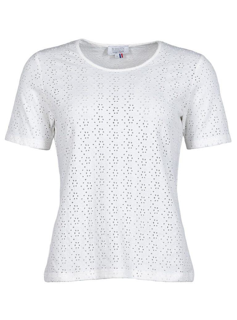 Maison Solfin - Tee-shirt femme en maille ajourée coton blanc crème – 5