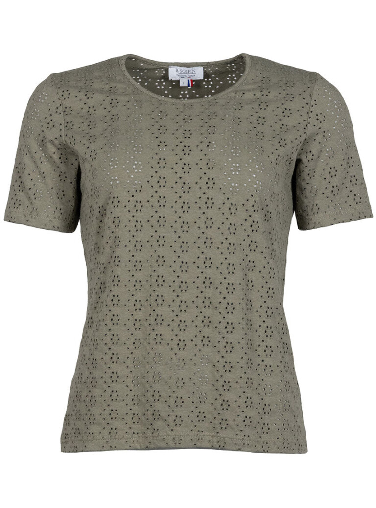 Maison Solfin - Tee-shirt femme en maille ajourée coton vert kaki – 5