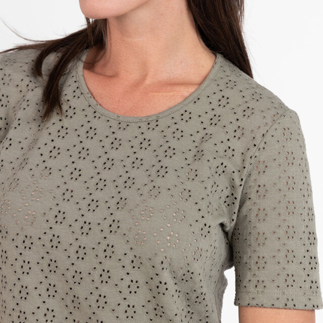 Maison Solfin - Tee-shirt femme en maille ajourée coton vert kaki – 5