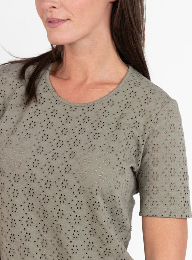 Maison Solfin - Tee-shirt femme en maille ajourée coton vert kaki – 5