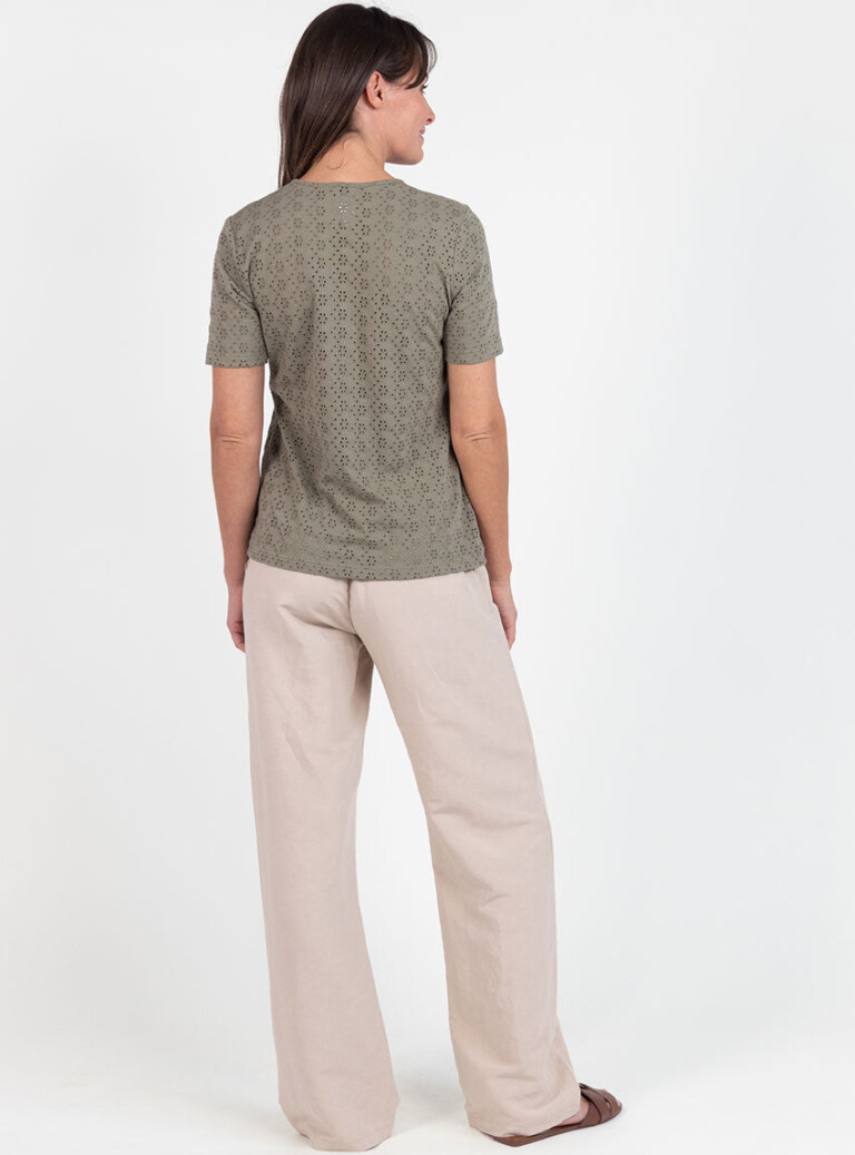 Maison Solfin - Tee-shirt femme en maille ajourée coton vert kaki – 5