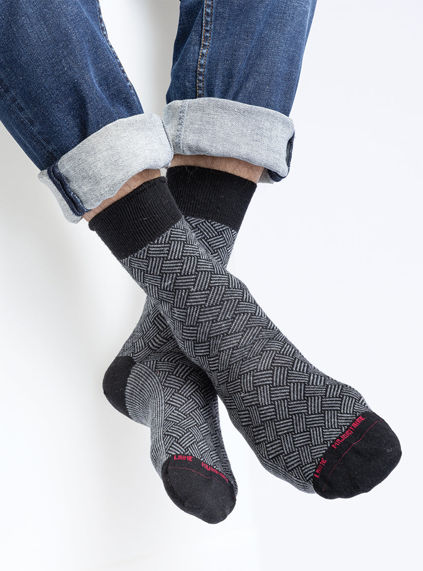 905 NOI 1 mi chaussettes laine noir Maison Solfin - Mi-chaussettes mixtes jacquard noir – 44/45