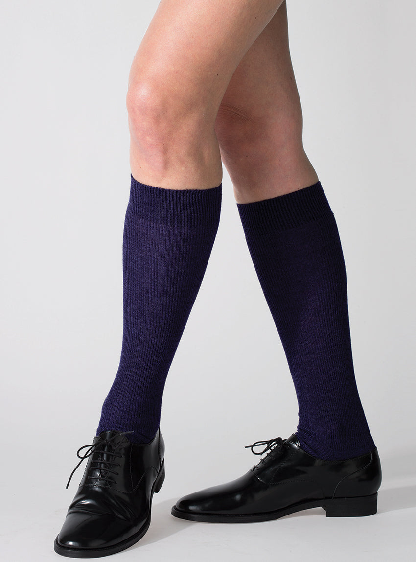 970 MAR 2 chaussettes hautes laine bleu marine Maison-solfin - Chaussettes hautes mixte en pure laine bleu marine – 45/46