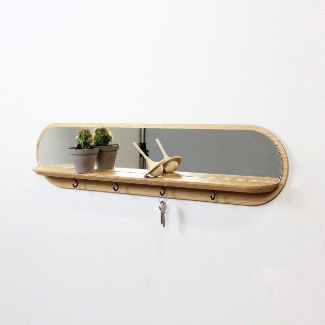 Reine Mère - Moonlight - Miroir en chêne avec étagère et crochets – Crochets dorés