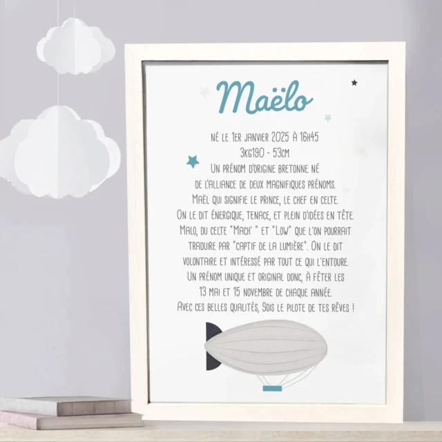 L’Atelier BABY’SPHERE - Affiche origine et caractère prénom et son dirigeable
