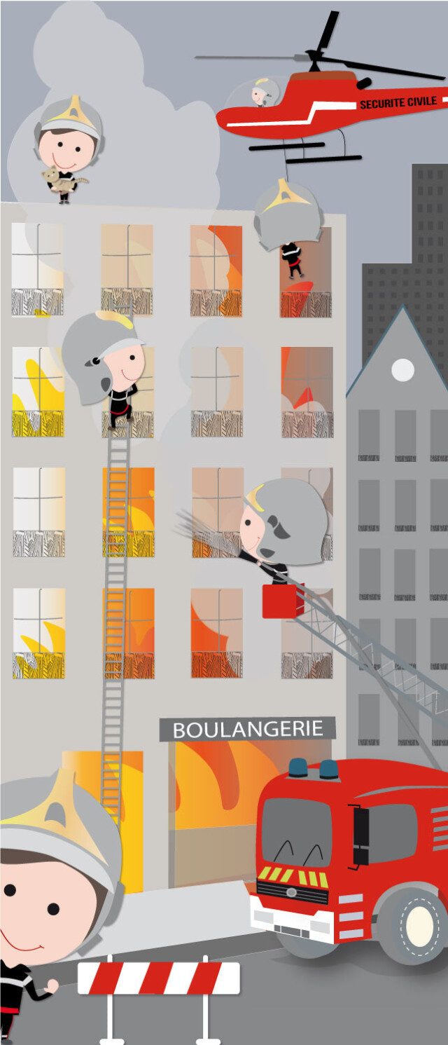 L’Atelier BABY’SPHERE - Déco murale géante des pompiers intervenant sur un immeuble en feu