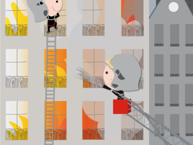 Affiche geante theme pompiers Atelier Baby’Sphère - Déco murale géante des pompiers intervenant sur un immeuble en feu