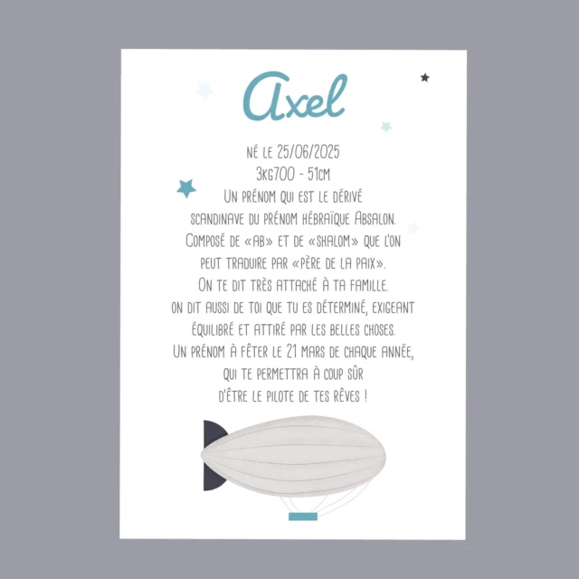 Atelier Baby’Sphère - Affiche origine et caractère prénom et son dirigeable – 60x40cm
