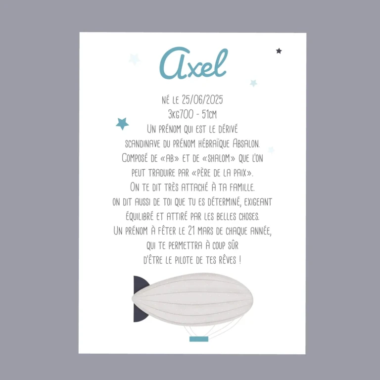 Atelier Baby’Sphère - Affiche origine et caractère prénom et son dirigeable – 60x40cm
