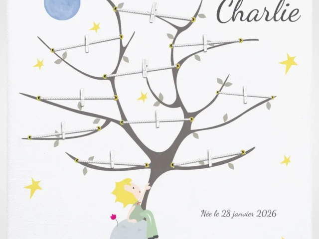 L'Atelier BABY'SPHERE - Arbre généalogique enfant du prince des planètes - Cadre photo évolutif à pinces - Déco murale poétique personnalisée thème univers & étoiles