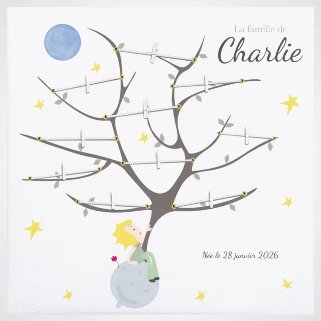 L’Atelier BABY’SPHERE - Arbre généalogique enfant du prince des planètes – Cadre photo évolutif à pinces – Déco murale poétique personnalisée thème univers & étoiles