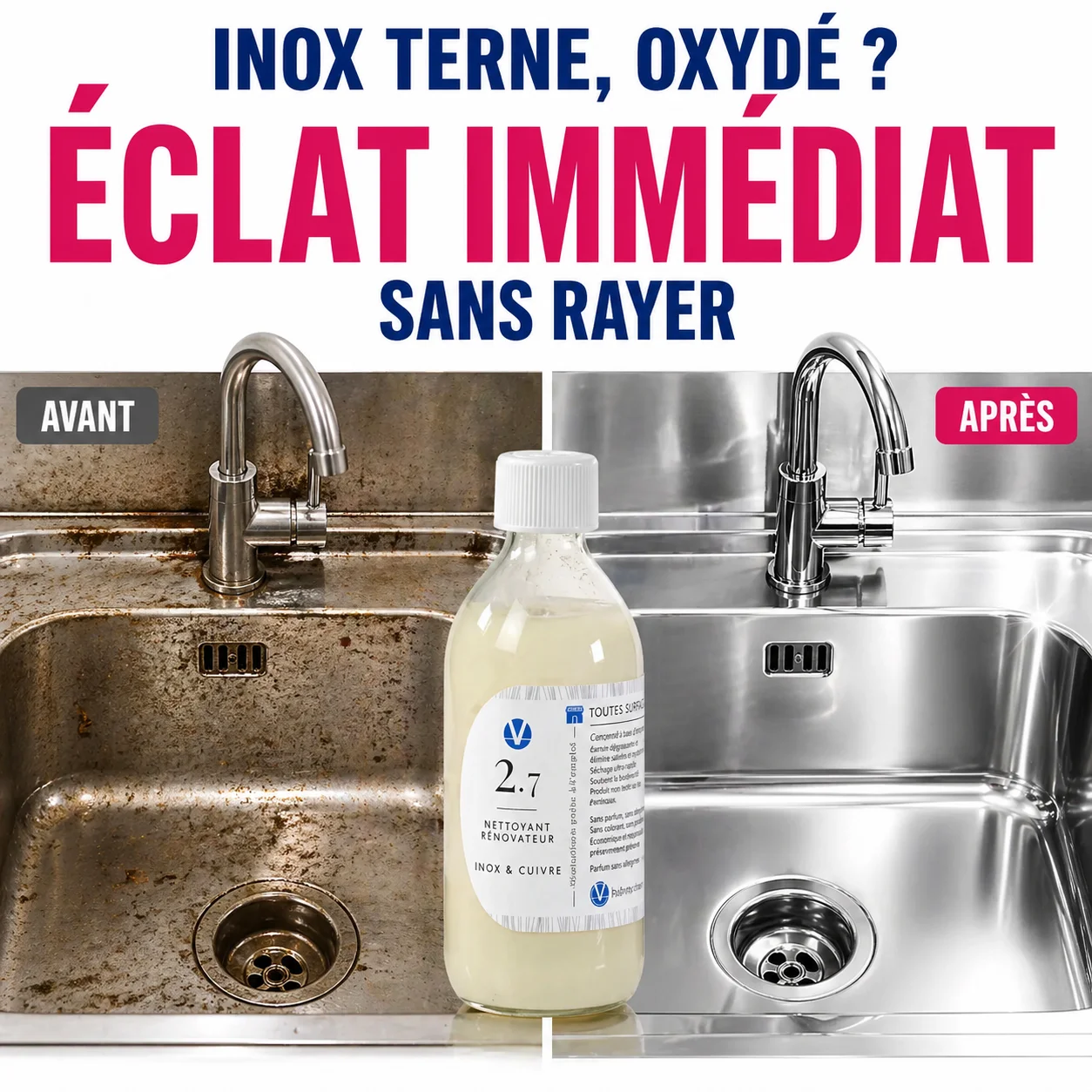 Avant Apres avoir nettoye vos inox vos cuivre avec le nettoyant N°2.7 VHYG VHYG -