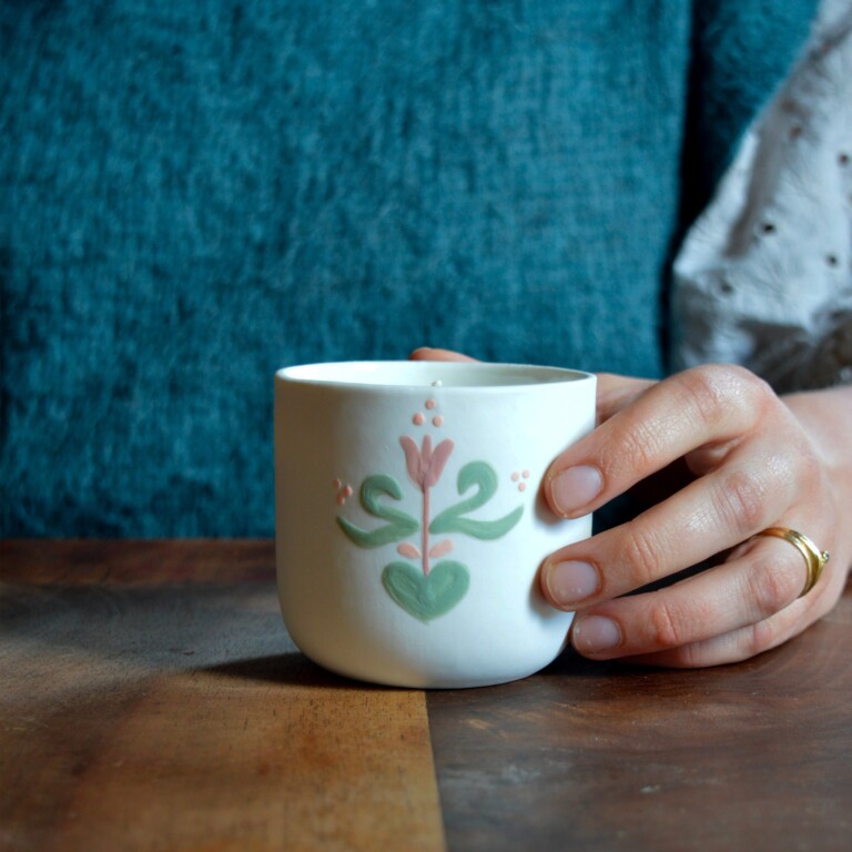 Maison Primavera - Bougie tasse à café en porcelaine - Origines – Feuillage rose