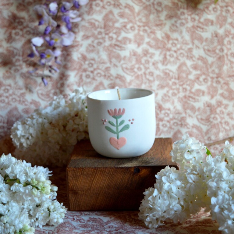 Maison Primavera - Bougie tasse à café en porcelaine - Origines – Feuillage rose