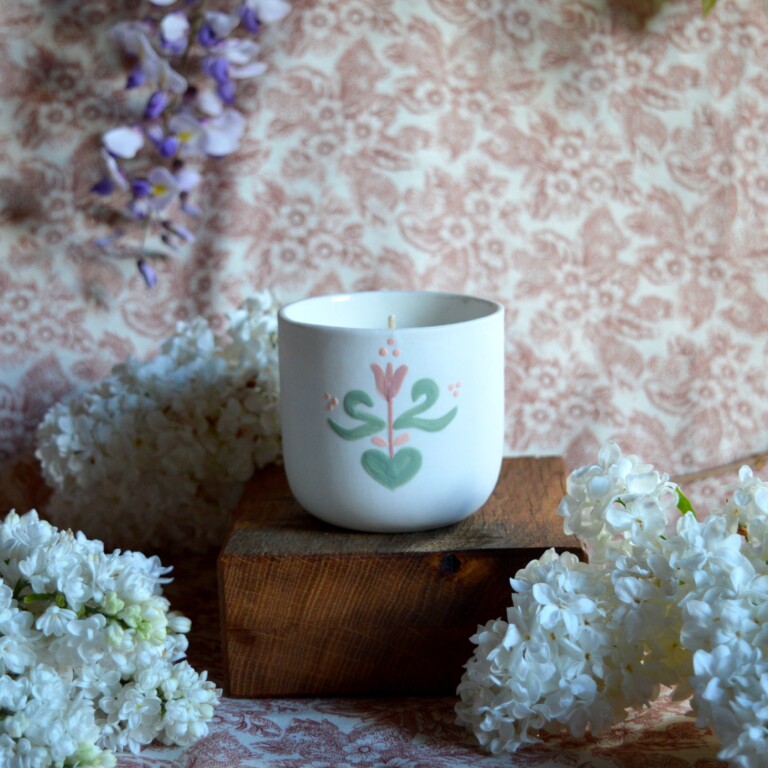 Maison Primavera - Bougie tasse à café en porcelaine - Origines – Feuillage rose