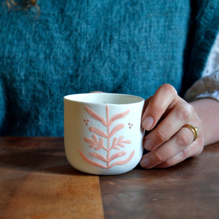 Maison Primavera - Bougie tasse à café en porcelaine - Origines – Feuillage rose