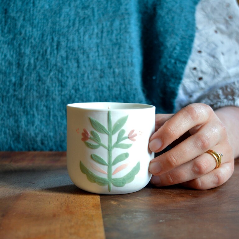 Maison Primavera - Bougie tasse à café en porcelaine - Origines – Feuillage rose