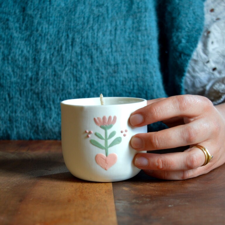 Maison Primavera - Bougie tasse à café en porcelaine - Origines – Feuillage rose