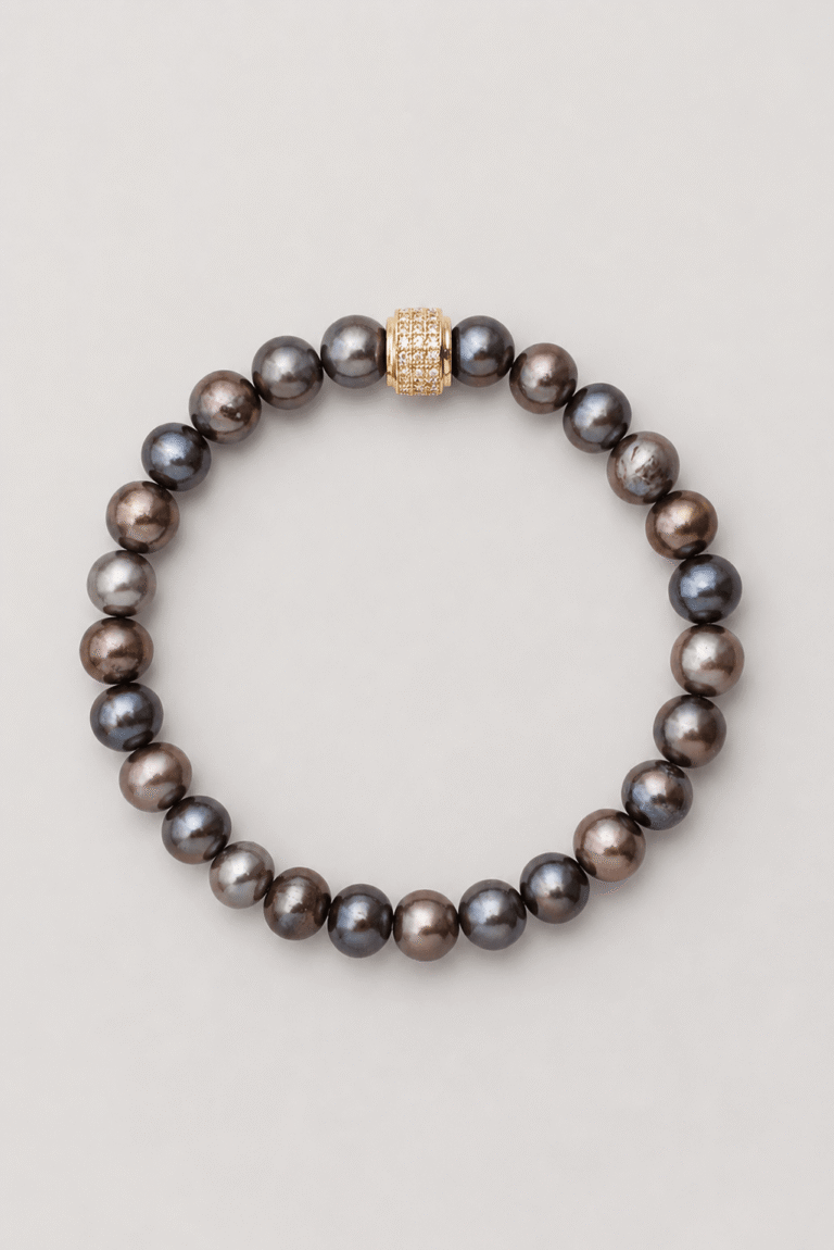 NEIJE - Bracelet Swann Perles d'eau douces Noires Or Jaune – XL (poignet de 19 à 21 cm)