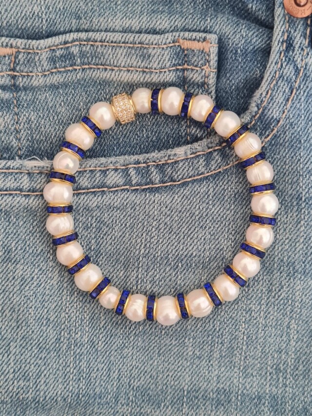 NEIJE - Bracelet Madame Bovary Perles de Culture avec Diamants Bleus