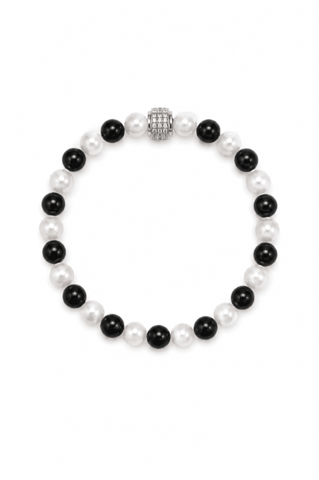 NEIJE - Bracelet Architectural Perles d’eau douces Onyx et Or Blanc