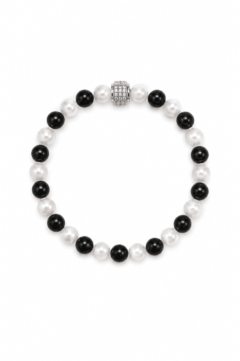 NEIJE - Bracelet Architectural Perles de Culture Onyx et Or Blanc – L (poignet de 17 à 19 cm)