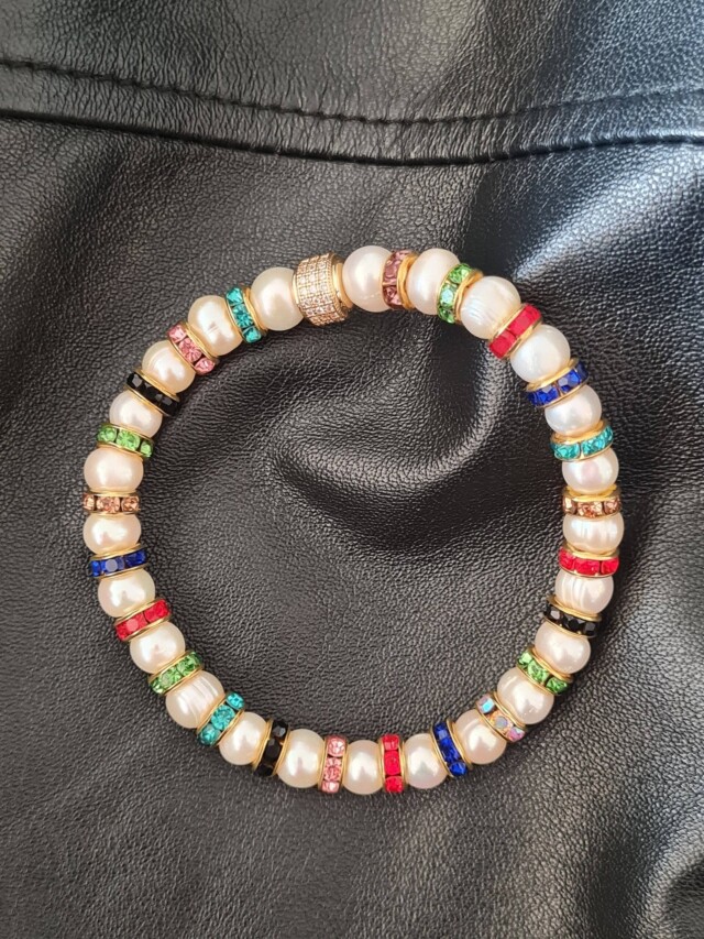 NEIJE - Bracelet Madame Bovary Perles de Culture avec Diamants Multicolores
