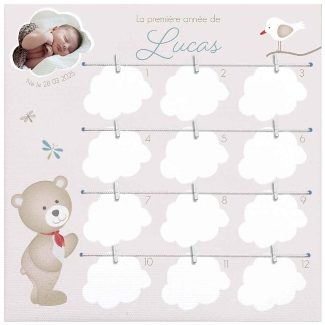 L’Atelier BABY’SPHERE - Cadre photo première année personnalisé – Thème Ourson & Nuage