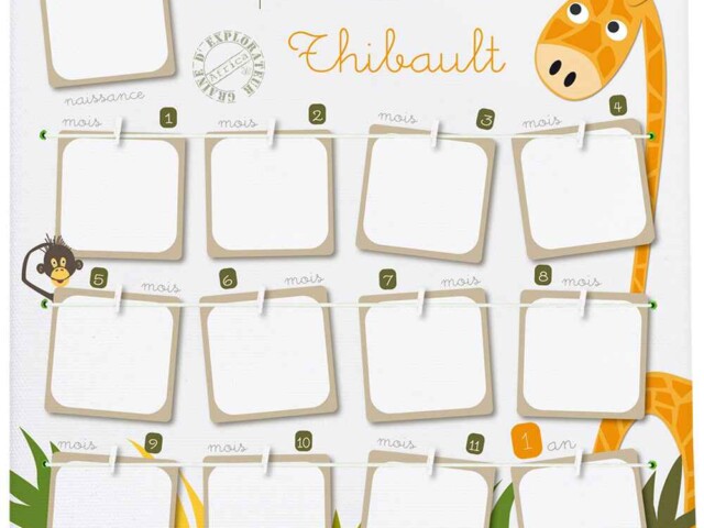 Atelier Baby’Sphère - Tableau souvenir 12 mois bébé – Thème Girafe Safari personnalisé