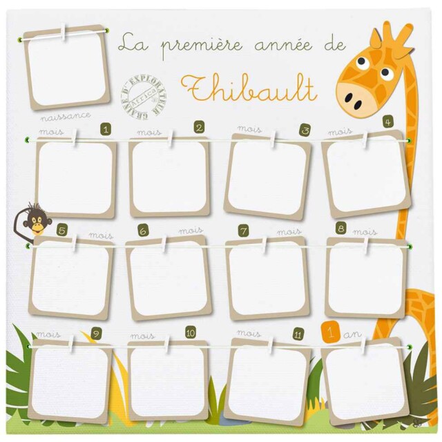 Tableau souvenir 12 mois bébé – Thème Girafe Safari personnalisé par la marque L’Atelier BABY’SPHERE L’Atelier BABY’SPHERE - Tableau souvenir 12 mois bébé – Thème Girafe Safari personnalisé