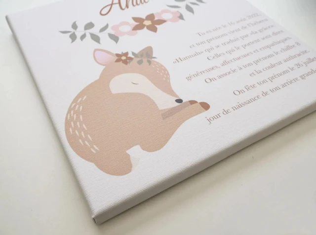 Atelier Baby’Sphère - 🦌 Toile prénom personnalisée – Biche endormie et décor floral