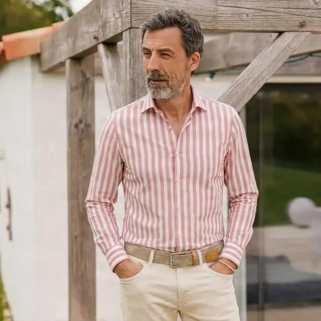 PALÂBA - Chemise ajustée rayée en popeline coton rose fuchsia