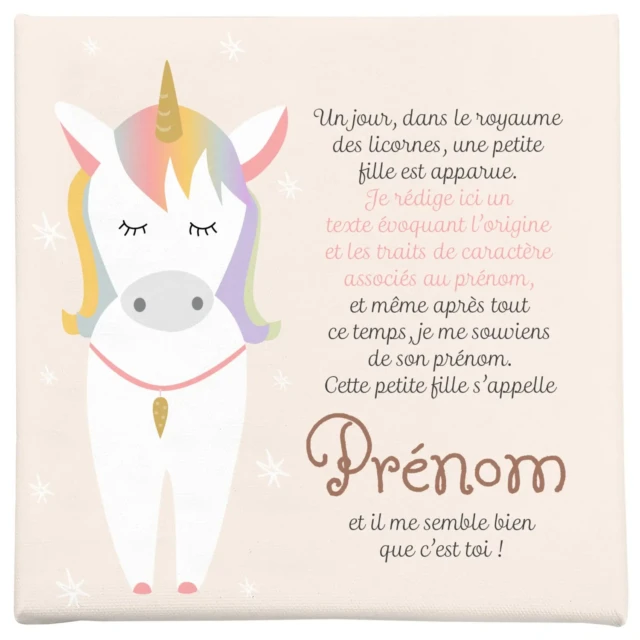 Atelier Baby’Sphère - Toile prénom personnalisée licorne – Déco chambre fille