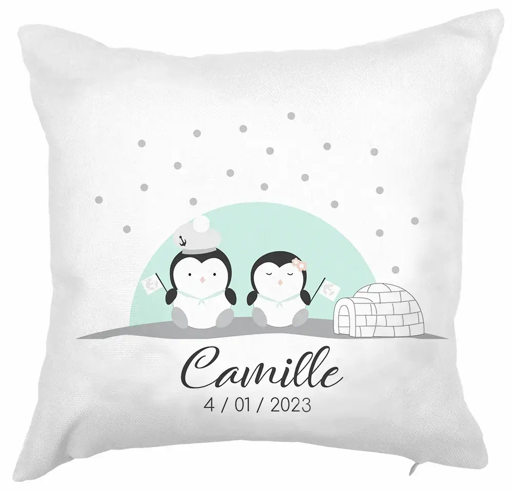 Coussin dehoussable des petits pingouins Atelier Baby’Sphère - Coussin naissance personnalisé – Collection Banquise ❄️