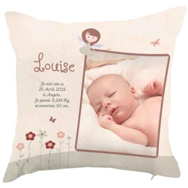 L’Atelier BABY’SPHERE - Coussin photo naissance personnalisé du monde des fées