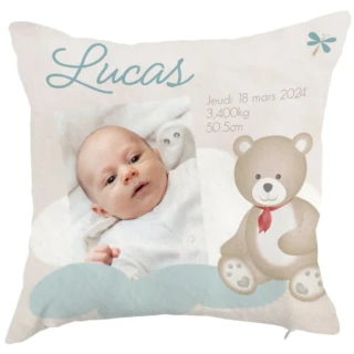 L’Atelier BABY’SPHERE - Coussin photo naissance personnalisé avec ourson – Fabrication française