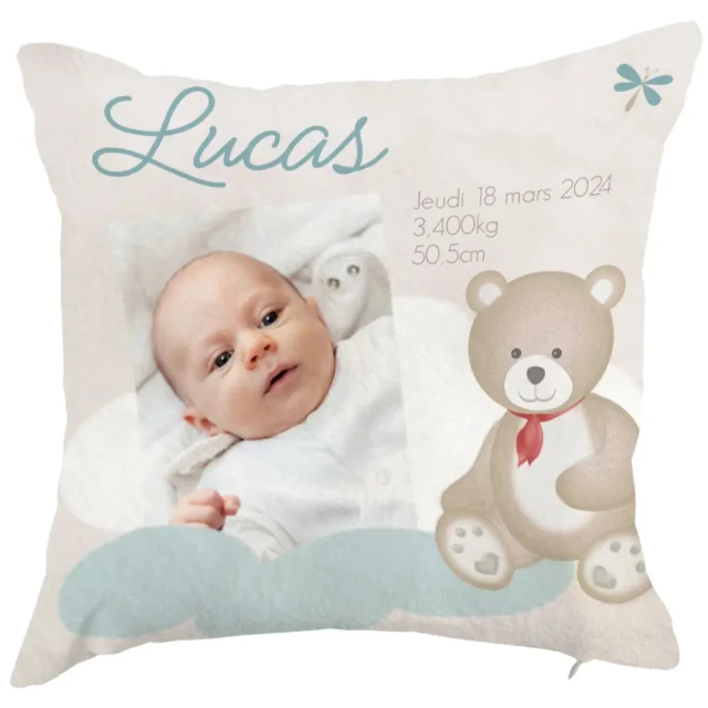 L’Atelier BABY’SPHERE - Coussin photo naissance personnalisé avec ourson – Fabrication française